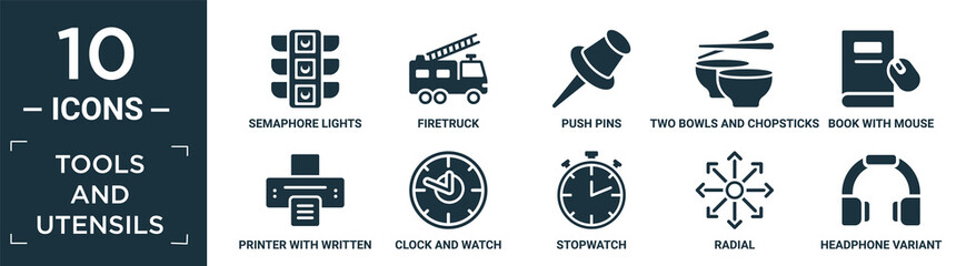 filled tools and utensils icon set. contain flat semaphore lights, firetruck, push pins, two bowls and chopsticks, book with mouse, printer with written paper, clock and watch, stopwatch, radial,.