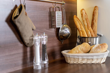 Objects on kitchen table in contemporary apartment