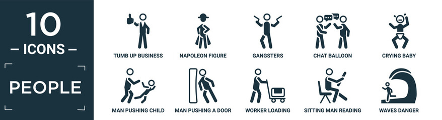 filled people icon set. contain flat tumb up business man, napoleon figure, gangsters, chat balloon, crying baby, man pushing child, man pushing a door with his body, worker loading, sitting.