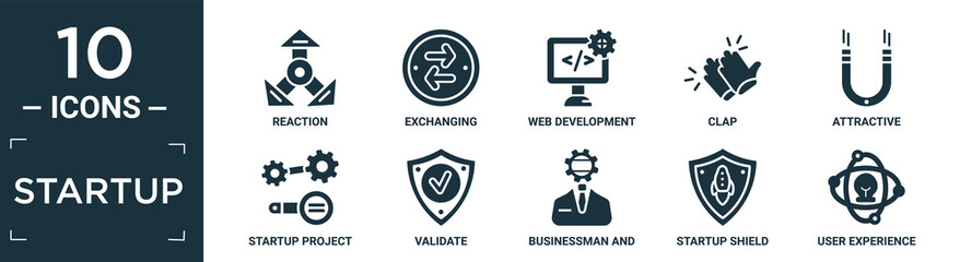 filled startup icon set. contain flat reaction, exchanging, web development, clap, attractive, startup project search, validate, businessman and strategy, startup shield, user experience icons in.