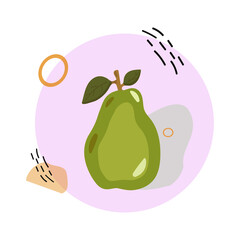 Pear abstract image. Green pear in a circle with abstract shapes and lines on white background. Vector print for сosmetics, posters, cards, packing design.