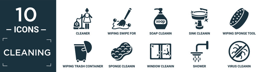 filled cleaning icon set. contain flat cleaner, wiping swipe for floors, soap cleanin, sink cleanin, wiping sponge tool, wiping trash container, sponge cleanin, window shower, virus icons in.