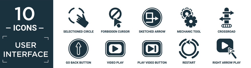 filled user interface icon set. contain flat selectioned circle, forbidden cursor, sketched arrow, mechanic tool, crossroad, go back button, video play, play video button, restart, right arrow play.