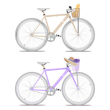 Brown bicycle with baguette and whip in a basket. Lilac bike with lavender in a basket and a hat. Illustration in flat style on a white background. 
For web design, print, banner, brochure, booklet.