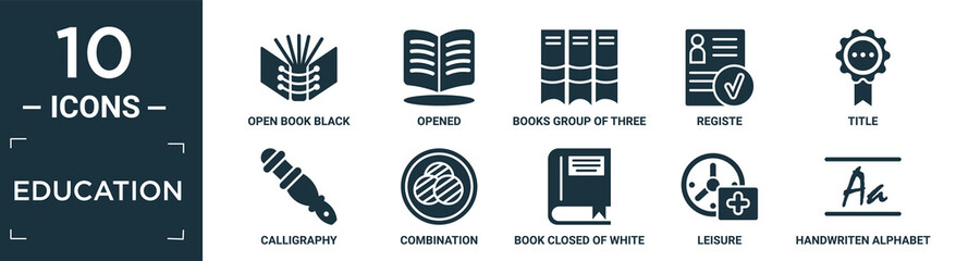 filled education icon set. contain flat open book black cover, opened, books group of three from side view, registe, title, calligraphy, combination, book closed of white cover, leisure, handwriten.
