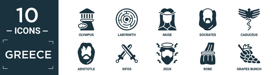 filled greece icon set. contain flat olympus, labyrinth, muse, socrates, caduceus, aristotle, xifos, zeus, robe, grapes bunch icons in editable format..