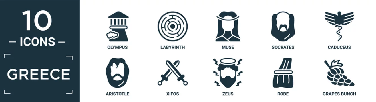filled greece icon set. contain flat olympus, labyrinth, muse, socrates,  caduceus, aristotle, xifos, zeus, robe, grapes bunch icons in editable  format.. Stock Vector | Adobe Stock