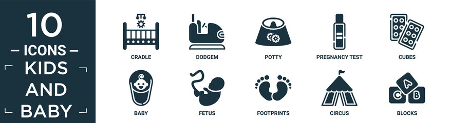 filled kids and baby icon set. contain flat cradle, dodgem, potty, pregnancy test, cubes, baby, fetus, footprints, circus, blocks icons in editable format..