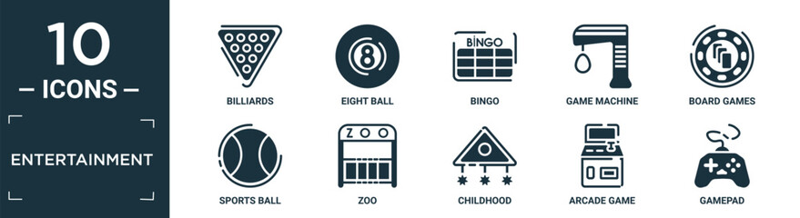 filled entertainment icon set. contain flat billiards, eight ball, bingo, game machine, board games, sports ball, zoo, childhood, arcade game, gamepad icons in editable format..