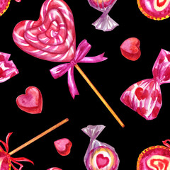 Sweets seamless pattern: chocolates, lollipops, marmalade in the shape of a heart on a black background, watercolor illustration, print for fabric, backgrounds for various designs for Valentine's day.