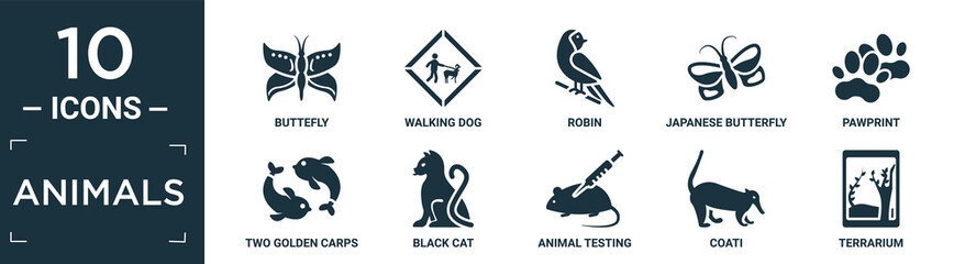 filled animals icon set. contain flat buttefly, walking dog, robin, japanese butterfly, pawprint, two golden carps, black cat, animal testing, coati, terrarium icons in editable format..