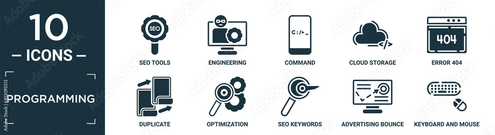 Wall mural filled programming icon set. contain flat seo tools, engineering, command, cloud storage, error 404,