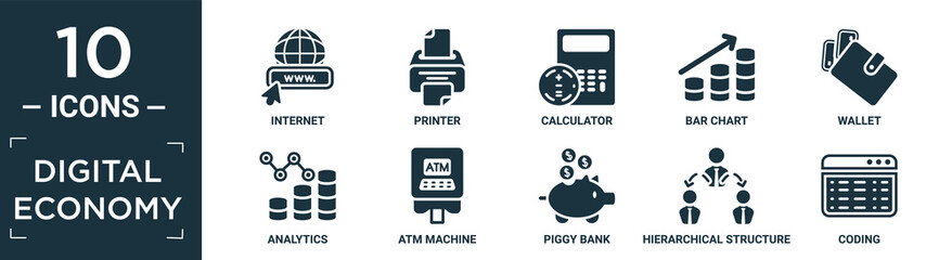 filled digital economy icon set. contain flat internet, printer, calculator, bar chart, wallet, analytics, atm machine, piggy bank, hierarchical structure, coding icons in editable format..