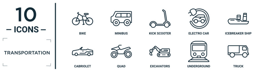 Fototapeta premium transportation linear icon set. includes thin line bike, kick scooter, icebreaker ship, quad, underground, truck, cabriolet icons for report, presentation, diagram, web design