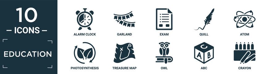 filled education icon set. contain flat alarm clock, garland, exam, quill, atom, photosynthesis, treasure map, owl, abc, crayon icons in editable format..