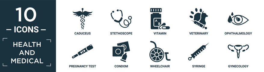 filled health and medical icon set. contain flat caduceus, stethoscope, vitamin, veterinary, ophthalmology, pregnancy test, condom, wheelchair, syringe, gynecology icons in editable format..