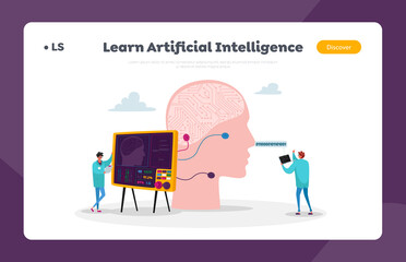 Engineer Characters Create Artificial Intelligence Mind Landing Page Template. Futuristic Innovative Technologies