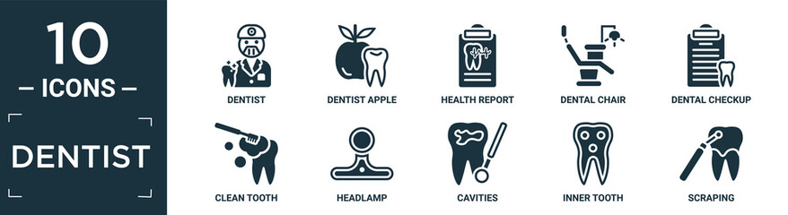 filled dentist icon set. contain flat dentist, dentist apple, health report, dental chair, dental checkup, clean tooth, headlamp, cavities, inner tooth, scraping icons in editable format..