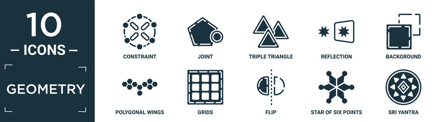 filled geometry icon set. contain flat constraint, joint, triple triangle, reflection, background, polygonal wings, grids, flip, star of six points, sri yantra icons in editable format..