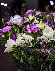 selective focus photo of bouquet of eustoma flowers. beautiful, bright, fresh and colorful holiday bouquet.