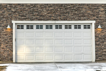 A white garage door with windows on a new construction house with stone accent walls