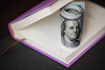 roll of 100 dollars in violet book