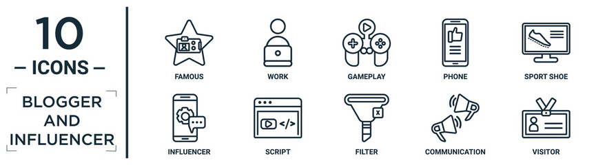 blogger.and.influencer linear icon set. includes thin line famous, gameplay, sport shoe, script, communication, visitor, influencer icons for report, presentation, diagram, web design