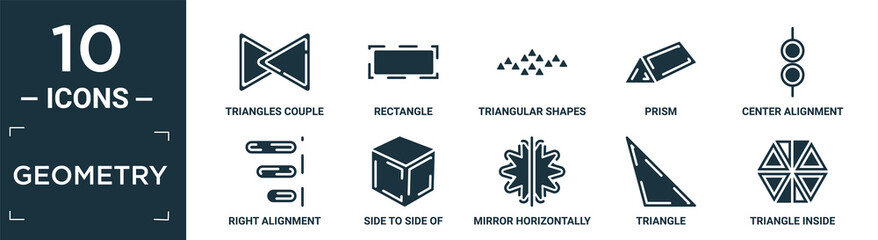 filled geometry icon set. contain flat triangles couple, rectangle, triangular shapes forming waves, prism, center alignment, right alignment, side to side of a cube, mirror horizontally, triangle,.