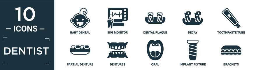 filled dentist icon set. contain flat baby dental, ekg monitor, dental plaque, decay, toothpaste tube, partial denture, dentures, oral, implant fixture, brackets icons in editable format..