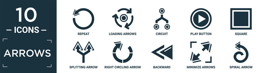 filled arrows icon set. contain flat repeat, loading arrows, circuit, play button, square, splitting arrow, right circling arrow, backward, minimize arrows, spiral arrow icons in editable format..