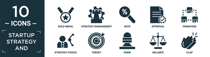 filled startup strategy and icon set. contain flat gold medal, strategy management, rate, approval, franchise, strategy choice, target, pawn, balance, clap icons in editable format..