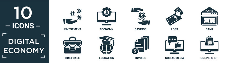 filled digital economy icon set. contain flat investment, economy, savings, loss, bank, briefcase, education, invoice, social media, online shop icons in editable format..