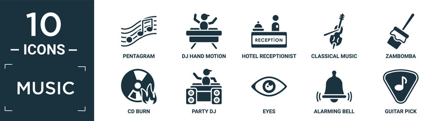 filled music icon set. contain flat pentagram, dj hand motion, hotel receptionist, classical music, zambomba, cd burn, party dj, eyes, alarming bell, guitar pick icons in editable format..