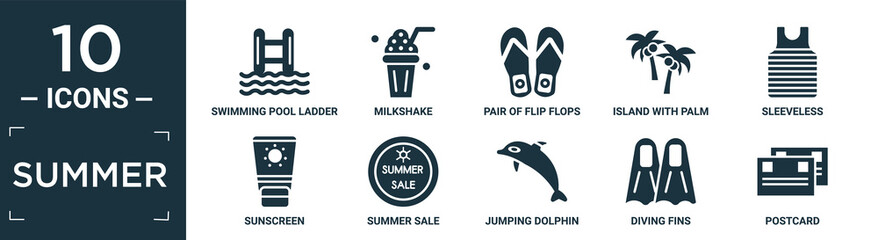 filled summer icon set. contain flat swimming pool ladder, milkshake, pair of flip flops, island with palm trees, sleeveless, sunscreen, summer sale, jumping dolphin, diving fins, postcard icons in.