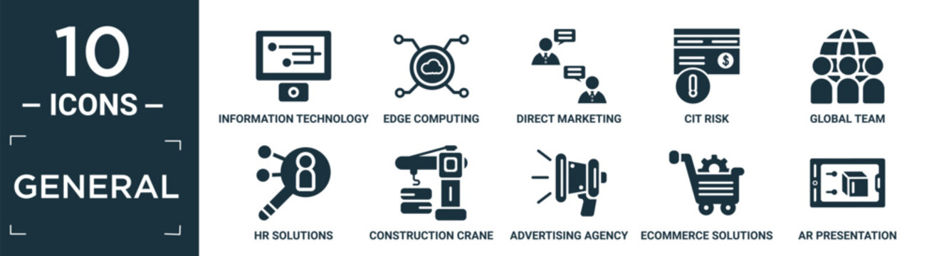filled general icon set. contain flat information technology, edge computing, direct marketing, cit risk, global team, hr solutions, construction crane, advertising agency, ecommerce solutions, ar.