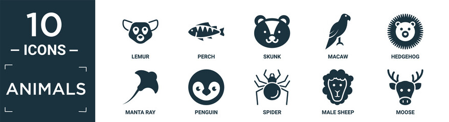 filled animals icon set. contain flat lemur, perch, skunk, macaw, hedgehog, manta ray, penguin, spider, male sheep, moose icons in editable format..