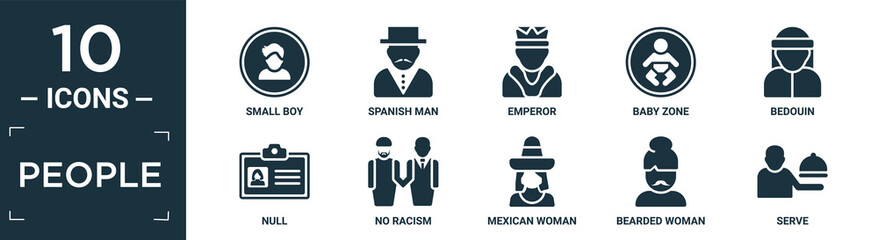 filled people icon set. contain flat small boy, spanish man, emperor, baby zone, bedouin, null, no racism, mexican woman, bearded woman, serve icons in editable format..