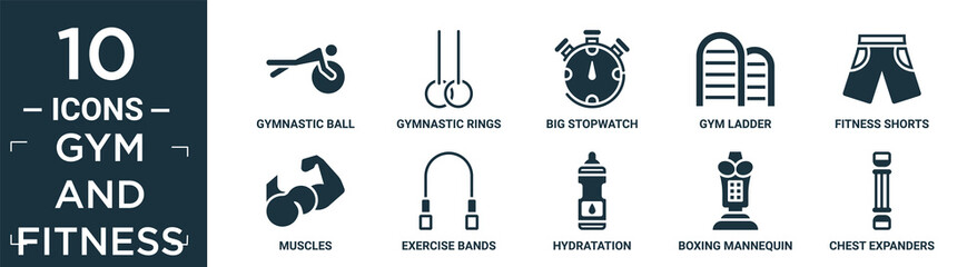 filled gym and fitness icon set. contain flat gymnastic ball, gymnastic rings, big stopwatch, gym ladder, fitness shorts, muscles, exercise bands, hydratation, boxing mannequin, chest expanders.