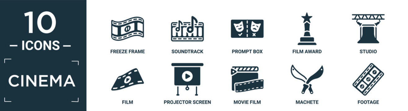 Filled Cinema Icon Set. Contain Flat Freeze Frame, Soundtrack, Prompt Box, Film Award, Studio, Film, Projector Screen, Movie Film, Machete, Footage Icons In Editable Format..