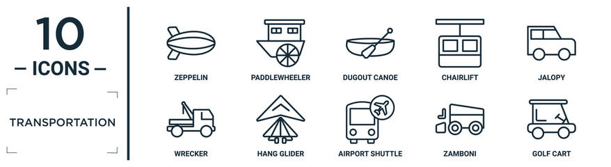transportation linear icon set. includes thin line zeppelin, dugout canoe, jalopy, hang glider, zamboni, golf cart, wrecker icons for report, presentation, diagram, web design - obrazy, fototapety, plakaty