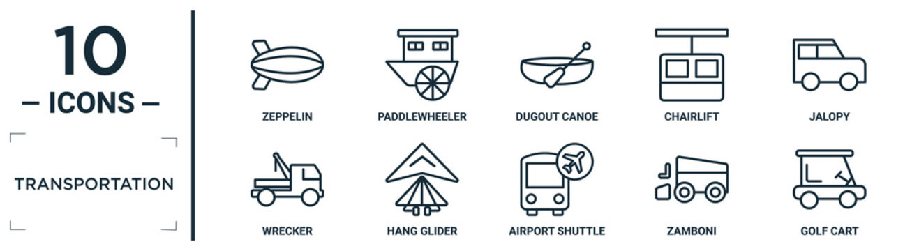 Transportation Linear Icon Set. Includes Thin Line Zeppelin, Dugout Canoe, Jalopy, Hang Glider, Zamboni, Golf Cart, Wrecker Icons For Report, Presentation, Diagram, Web Design