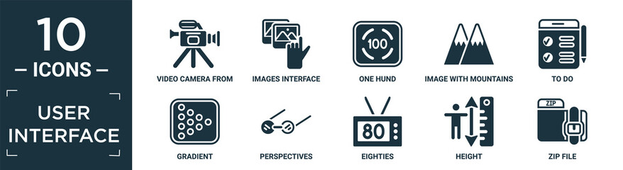 filled user interface icon set. contain flat video camera from side view, images interface, one hund, image with mountains, to do, gradient, perspectives, eighties, height, zip file icons in.