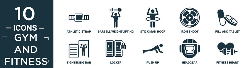 filled gym and fitness icon set. contain flat athletic strap, barbell weightlifting, stick man hoop, iron shoot, pill and tablet, tightening bar, locker, push up, headgear, fitness heart icons in.