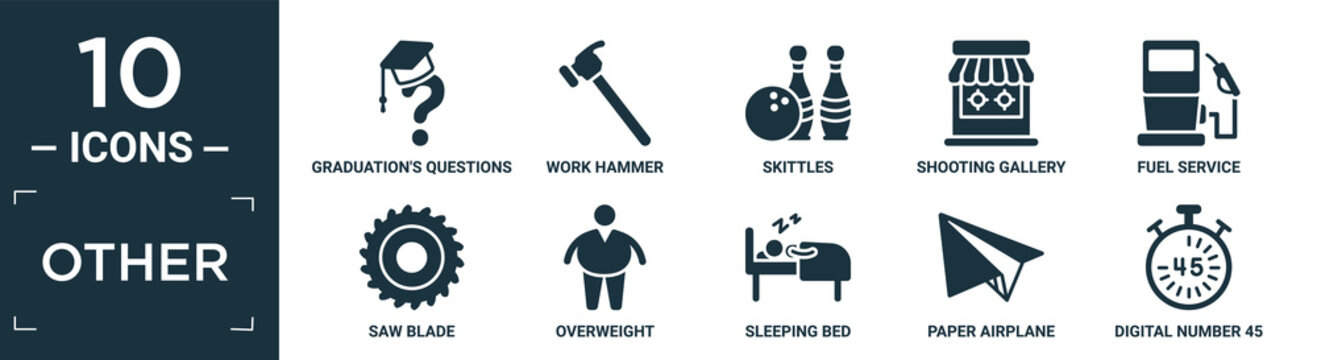 filled other icon set. contain flat graduation's questions, work hammer, skittles, shooting gallery, fuel service, saw blade, overweight, sleeping bed, paper airplane, digital number 45 icons in.