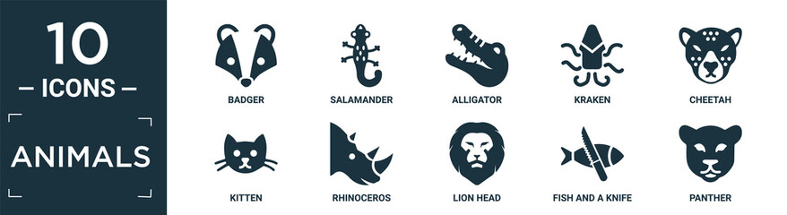 filled animals icon set. contain flat badger, salamander, alligator, kraken, cheetah, kitten, rhinoceros, lion head, fish and a knife, panther icons in editable format..