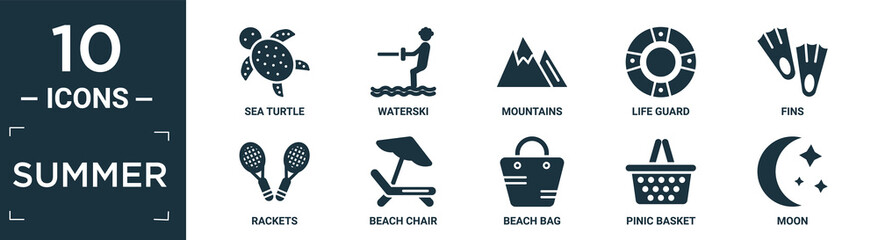 filled summer icon set. contain flat sea turtle, waterski, mountains, life guard, fins, rackets, beach chair, beach bag, pinic basket, moon icons in editable format..
