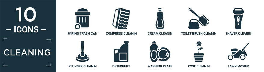 filled cleaning icon set. contain flat wiping trash can, compress cleanin, cream cleanin, toilet brush cleanin, shaver plunger detergent, washing plate, rose lawn mower icons in editable format..