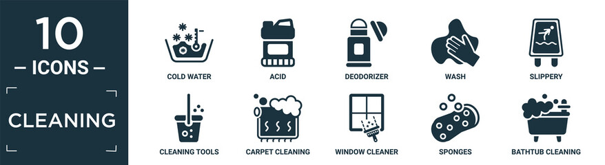 filled cleaning icon set. contain flat cold water, acid, deodorizer, wash, slippery, cleaning tools, carpet cleaning, window cleaner, sponges, bathtub icons in editable format..