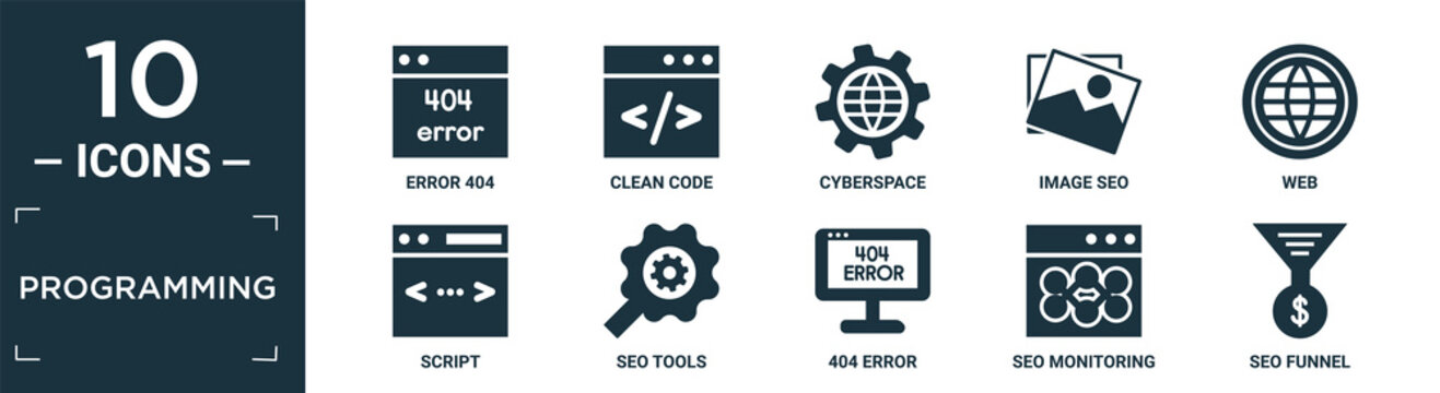 filled programming icon set. contain flat error 404, clean code, cyberspace, image seo, web, script, seo tools, 404 error, seo monitoring, funnel icons in editable format..