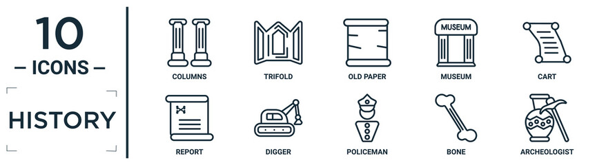 history linear icon set. includes thin line columns, old paper, cart, digger, bone, archeologist, report icons for report, presentation, diagram, web design